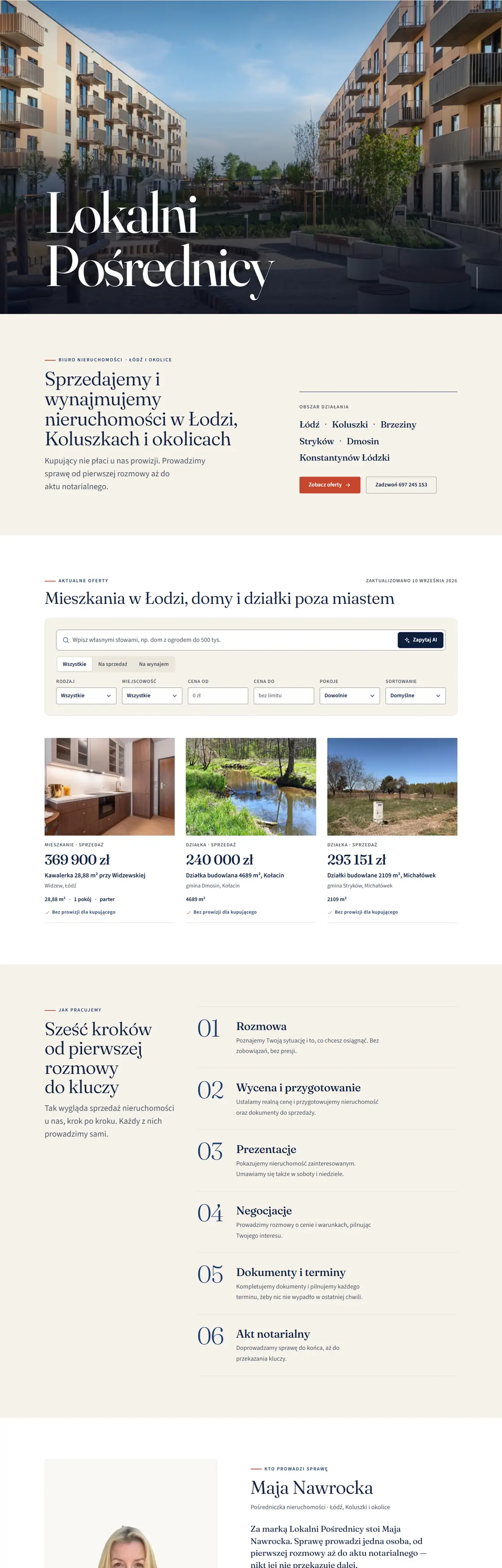 Strona Lokalni Pośrednicy, sekcja startowa z widokiem osiedla